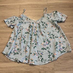 Lush blue spring floral cold shoulder cropped blouse size XS